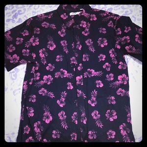 Hawaiian Floral Navy Blue & Pink Button Up